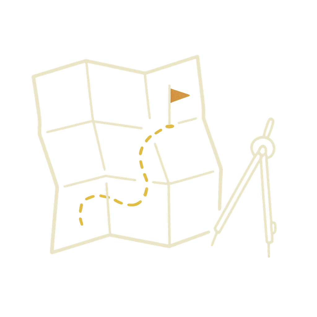 Line illustration of a surveyor's folded map with a plotted route