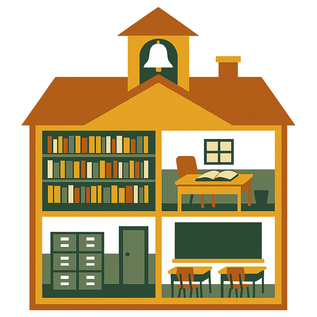 Cutaway illustration of a small schoolhouse, each room a working department